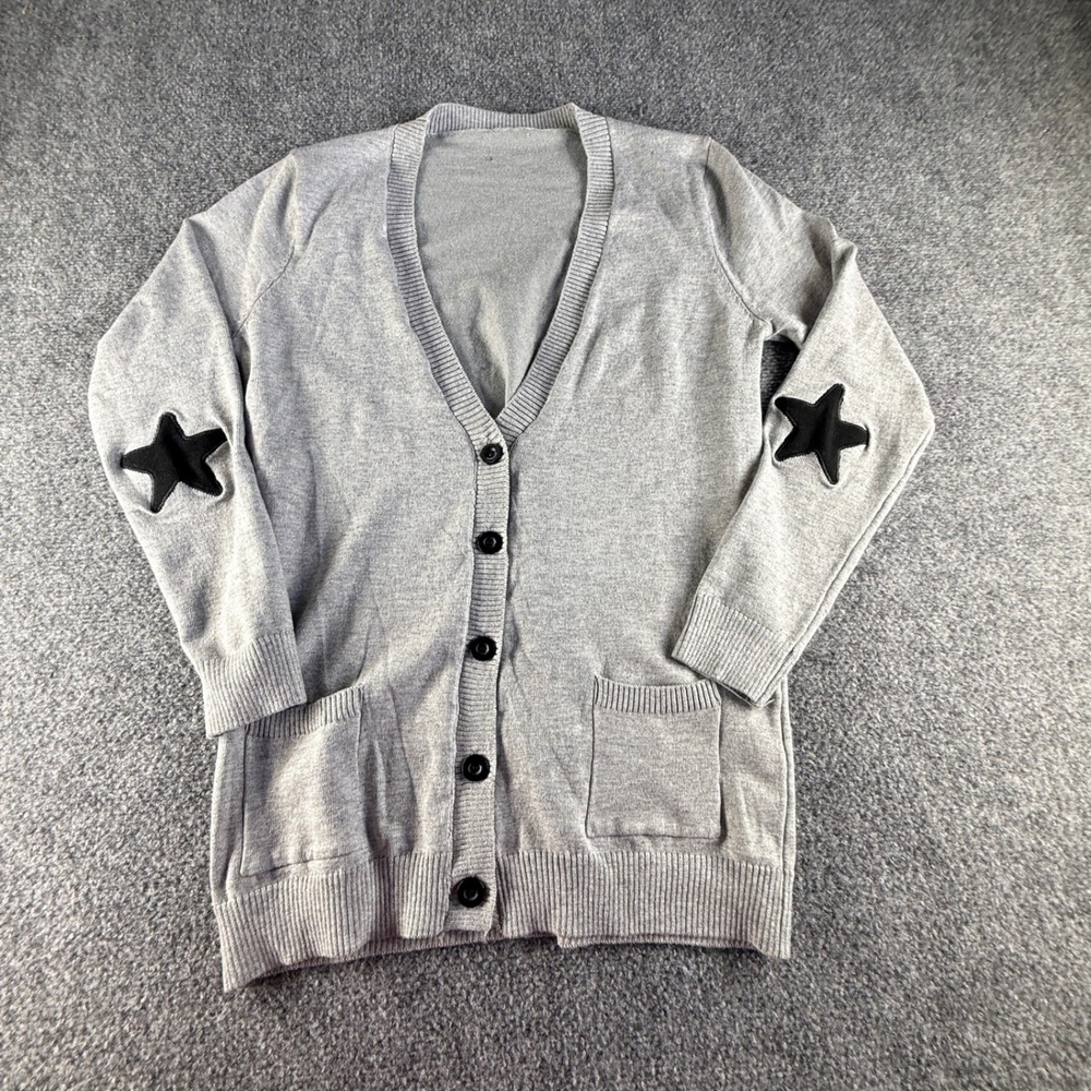 Gray V-Neck Button Front Cardigan Sweater with Black Star Elbow Patches 1176